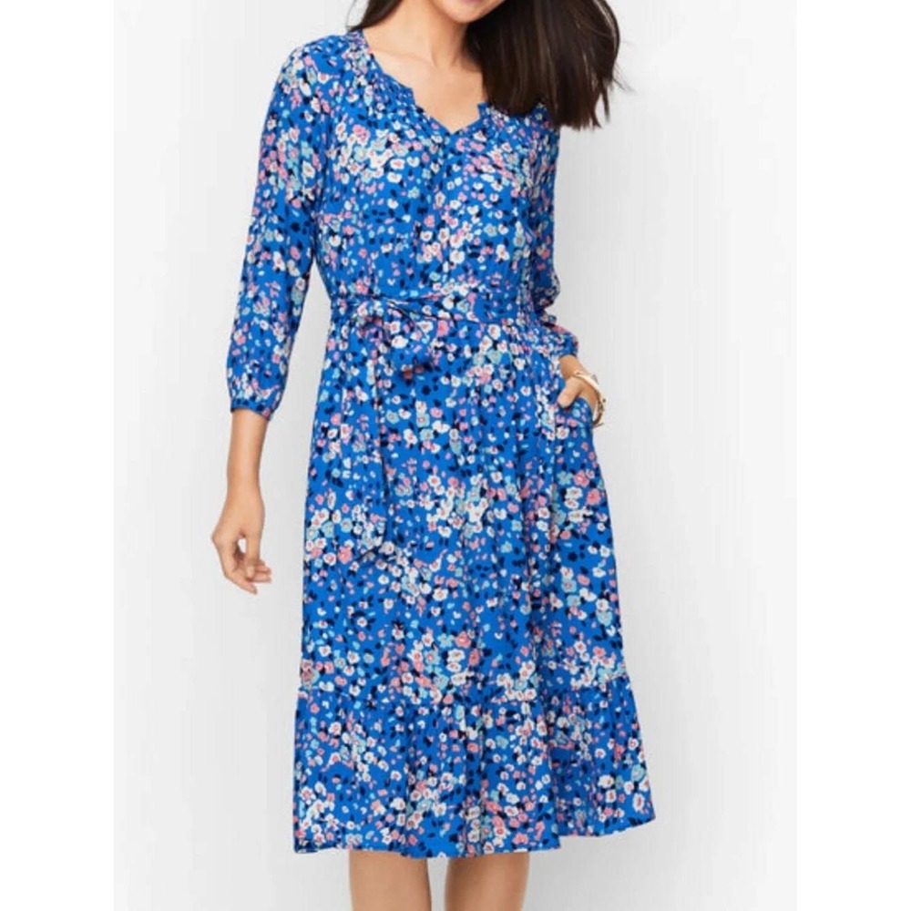 Talbots Fit & Flare Dress Large Floating Floral Blue Belted Midi Pockets 2021
